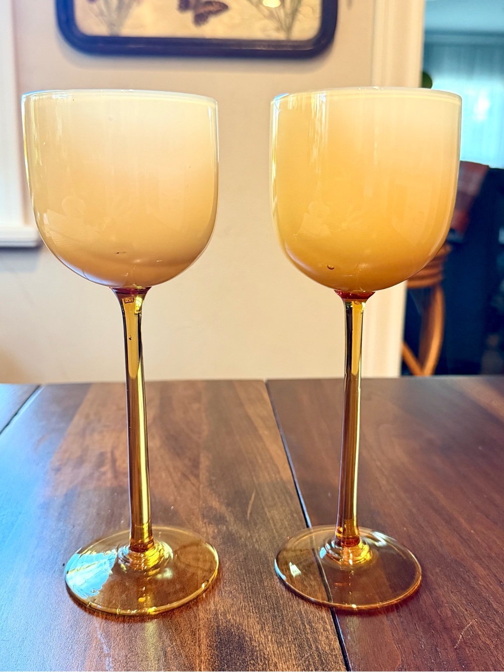 intage Pair of Carlo Moretti Murano Cased White Amber long stem wine glasses